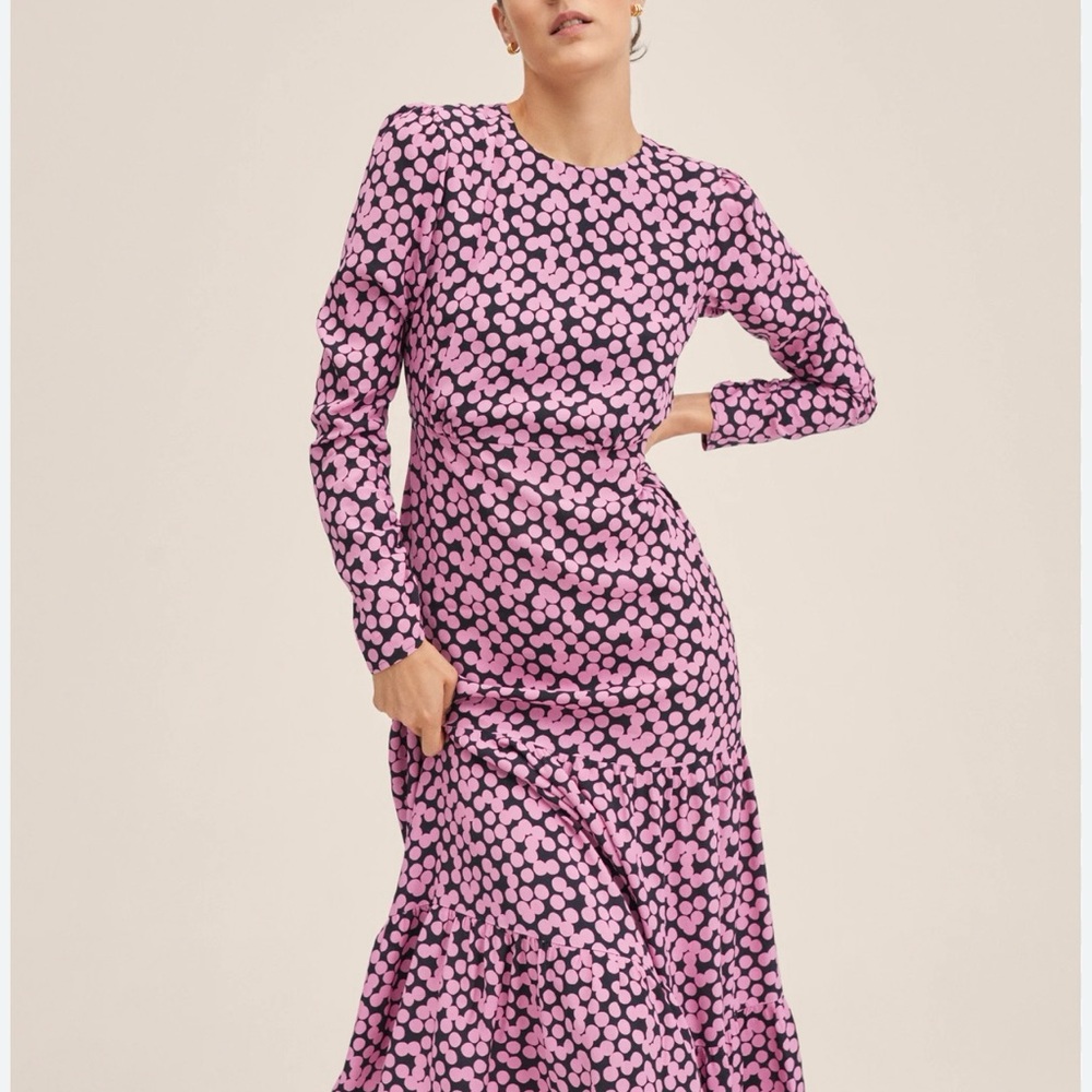 Mango Pink and White Ruffled Tiered Long Sleeve Dress